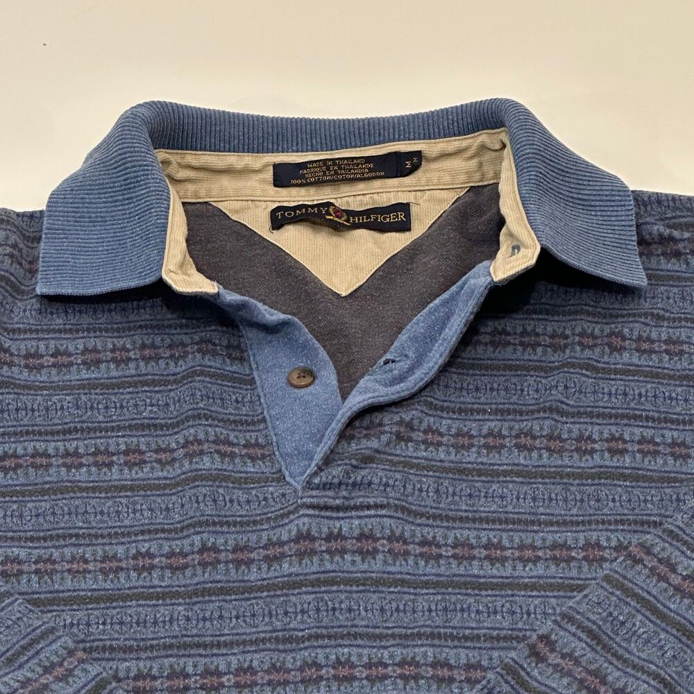 Tommy Hilfiger Men's Long Sleeve Polo Blue Pattern Cotton, Size M